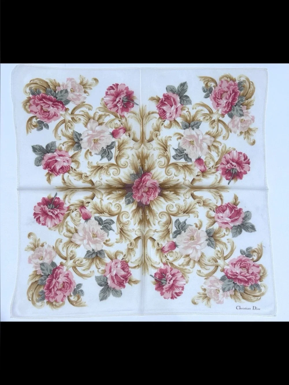 Dior Pink Floral Silk Neck Scarf on Cream Ground